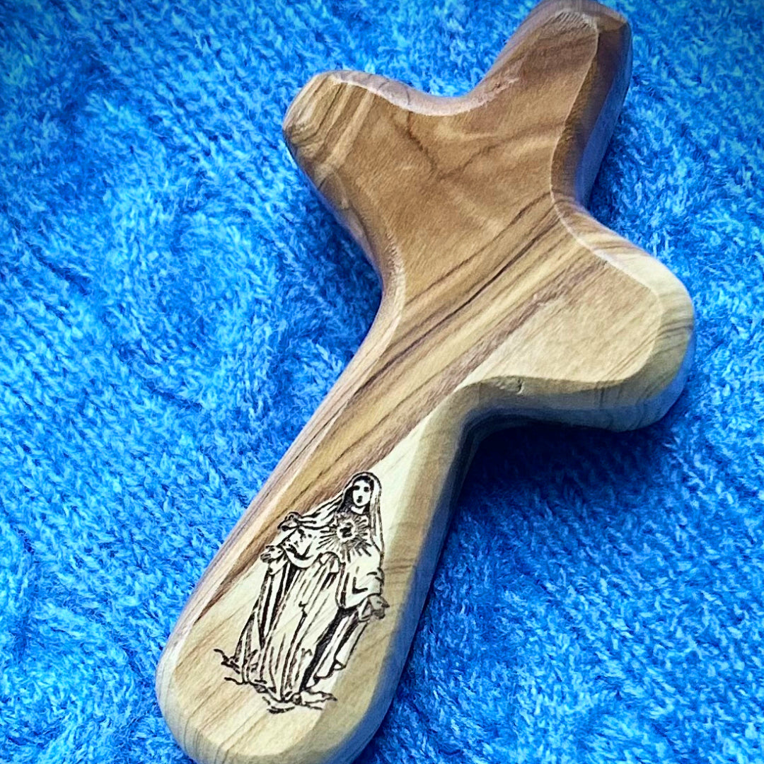 Engraved olive wood cross with image of the Blessed Virgin Mary