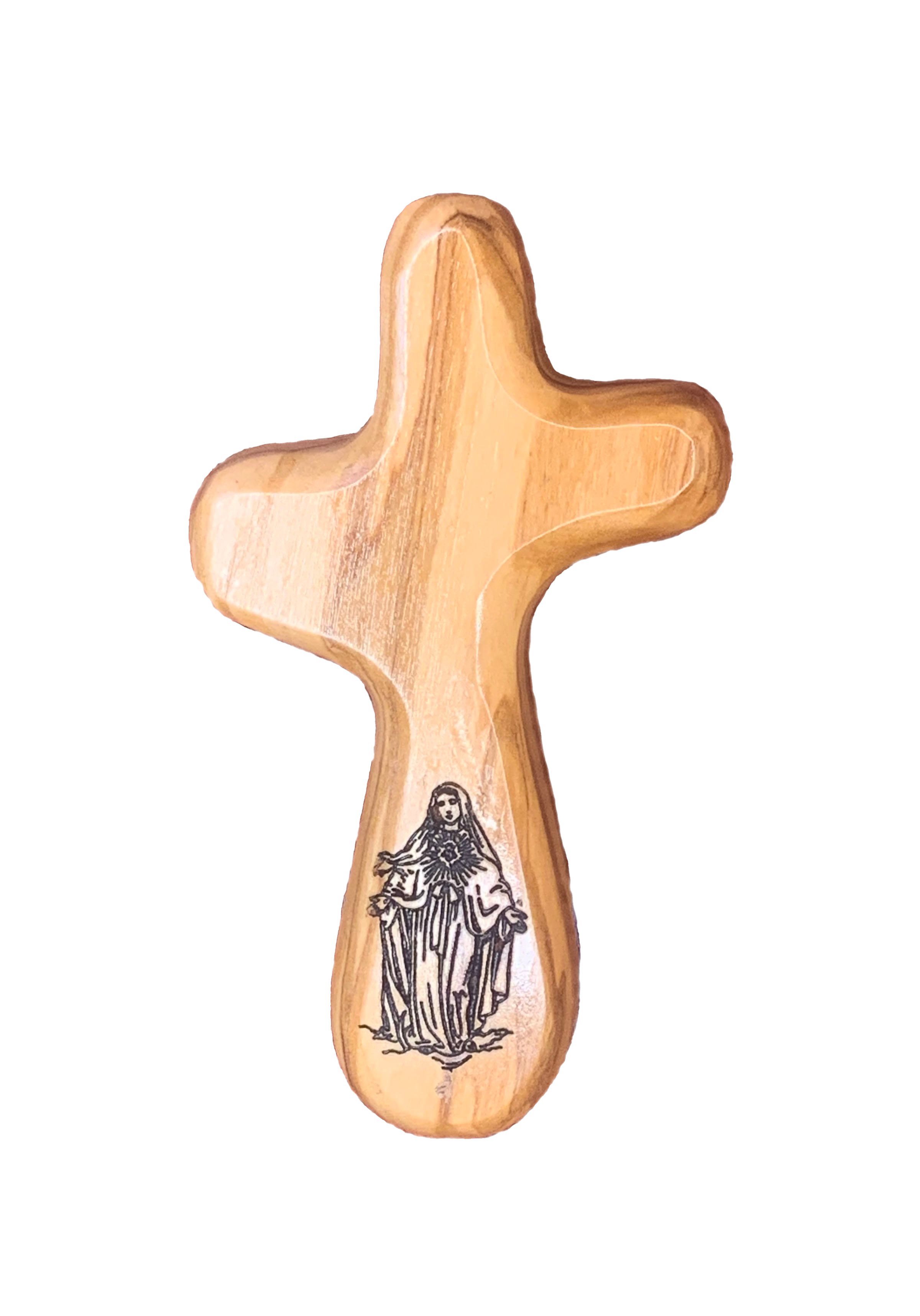 Bethlehem Olive Wood Holding Cross with Engraved Virgin Mary Image