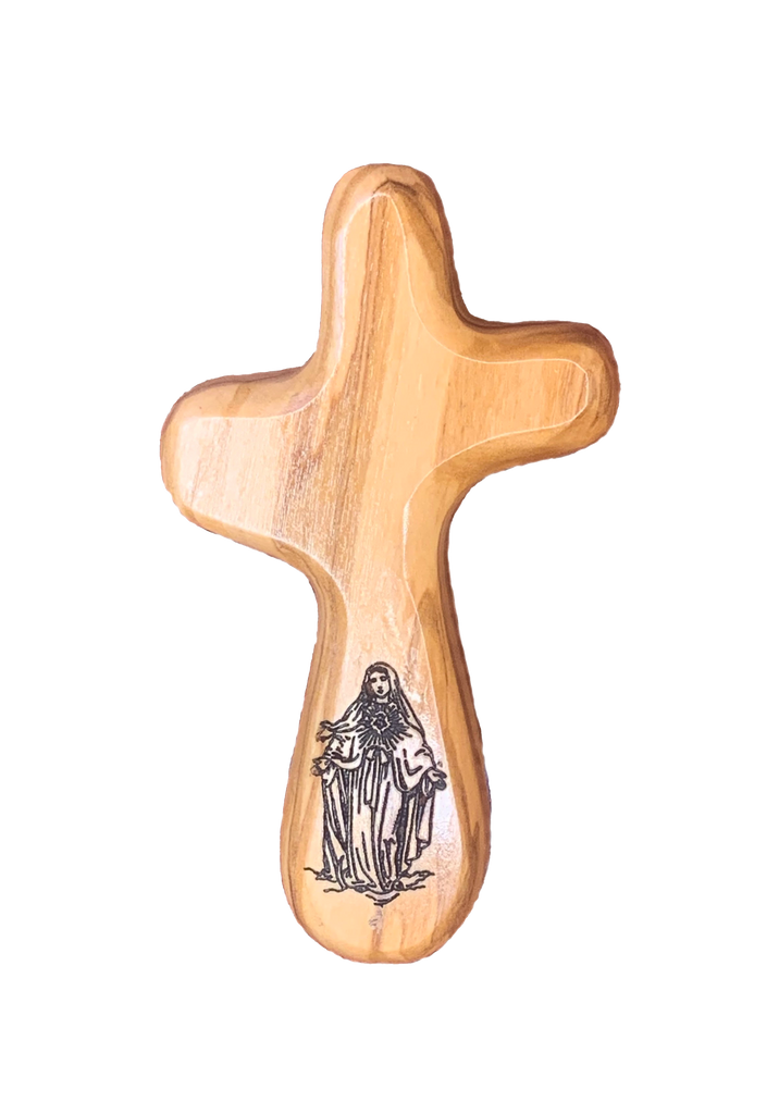 Bethlehem Olive Wood Holding Cross with Engraved Virgin Mary Image