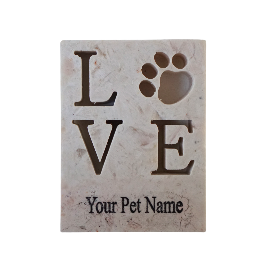 Jerusalem stone plaque with LOVE and a paw print with option to personalize with your pet's name