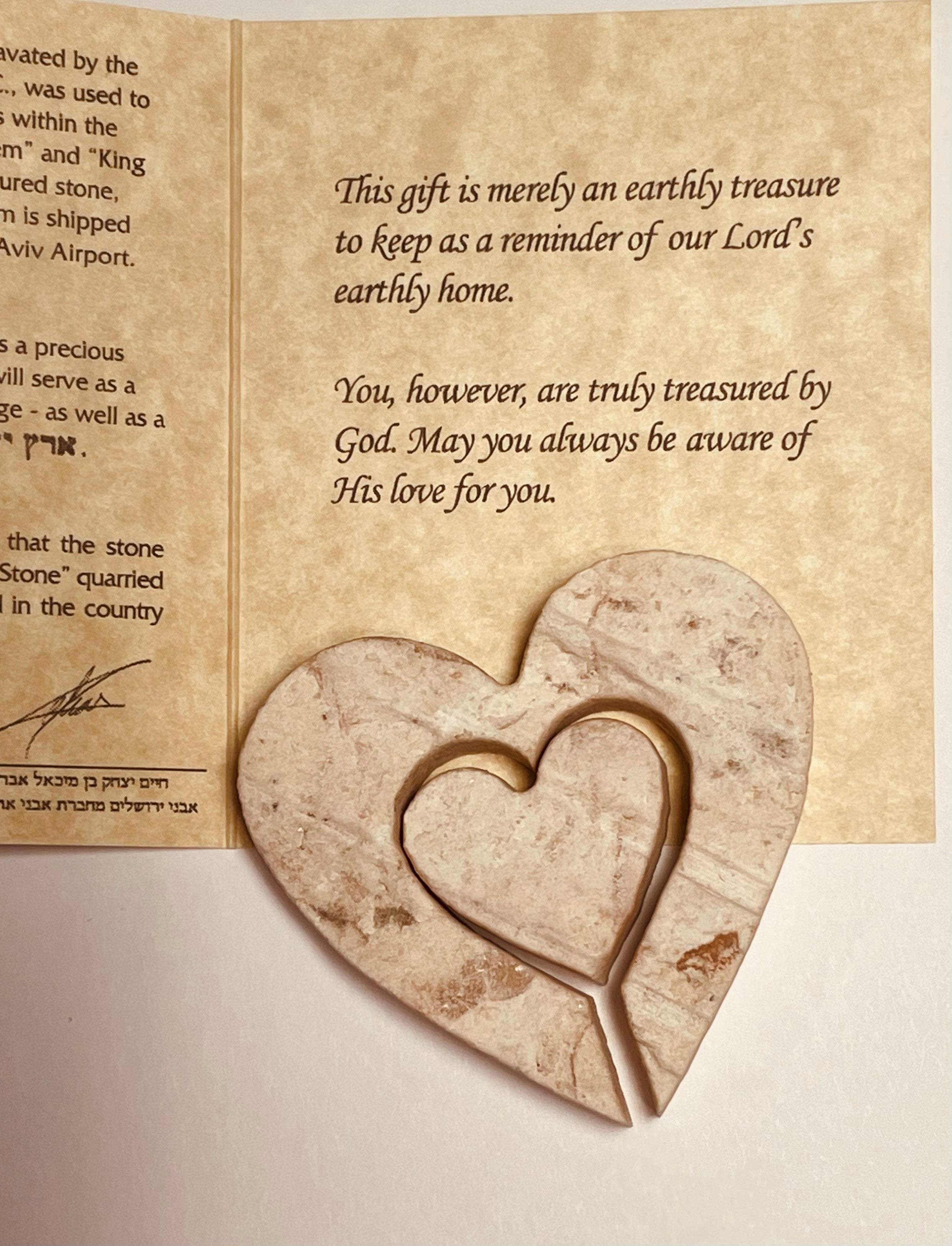 Prayer card included with Jerusalem Stone hearts